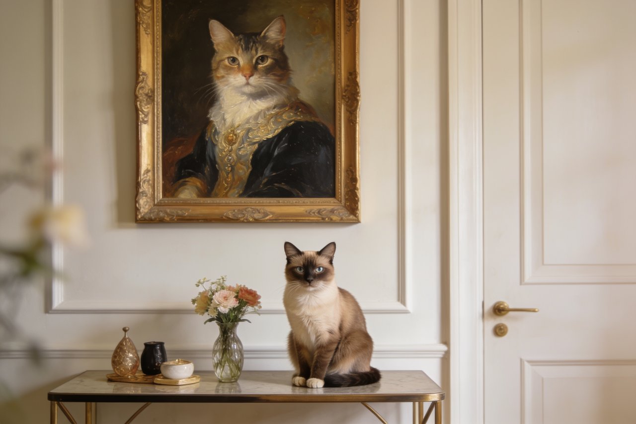 A regal framed cat portrait on a styled wall with a poised Siamese cat sitting on the console below
