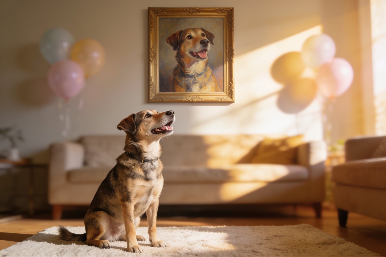 A happy rescue dog looking up at its own framed portrait, celebrating its Gotcha Day adoption anniversary