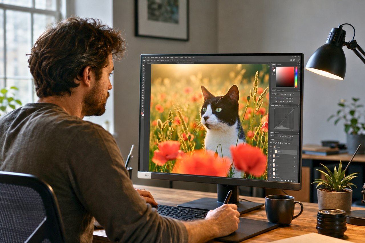 A designer at a computer reviewing a custom pet portrait before it goes to print