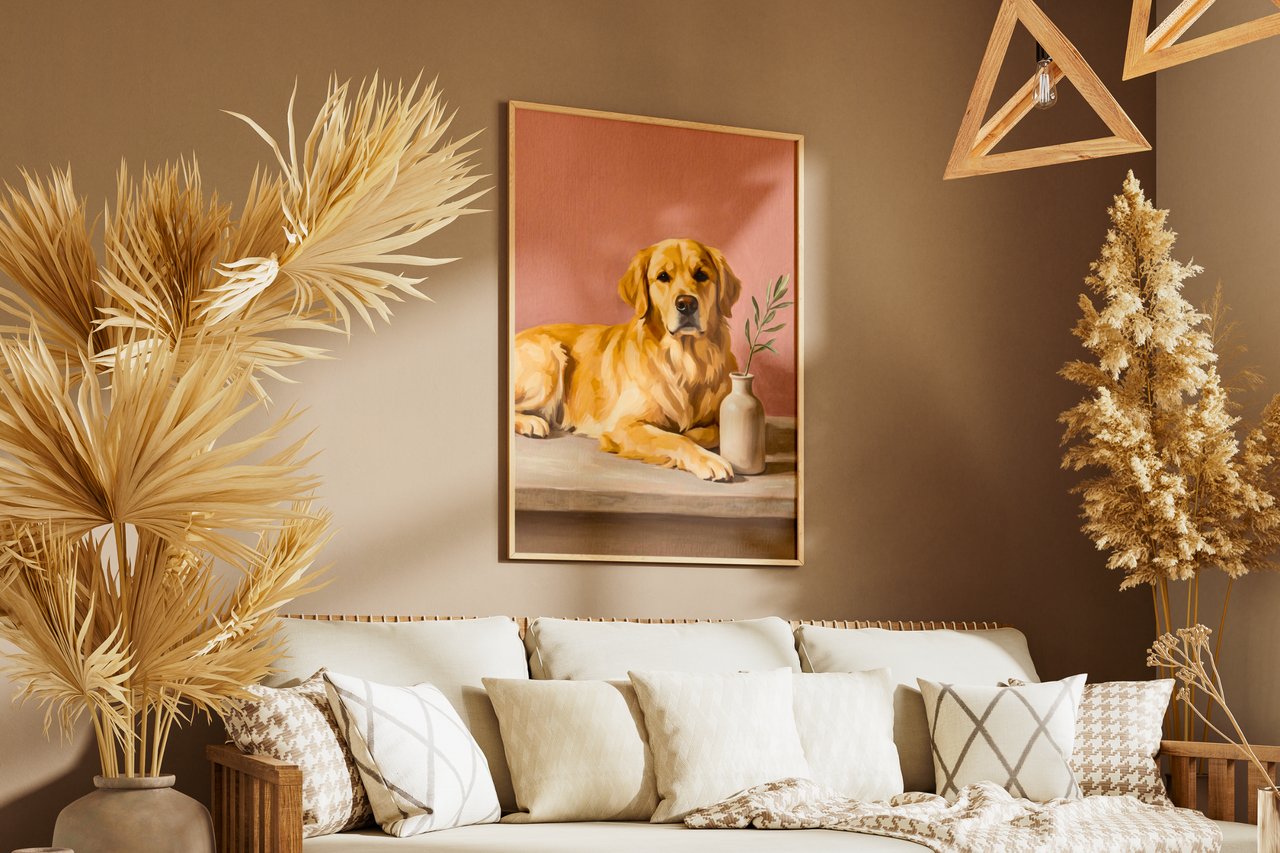 A custom pet portrait of a dog displayed on a wall, with a warm, premium look