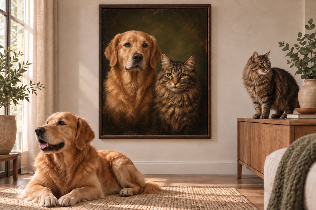 A golden retriever and gray tabby cat sitting below one framed portrait of them together