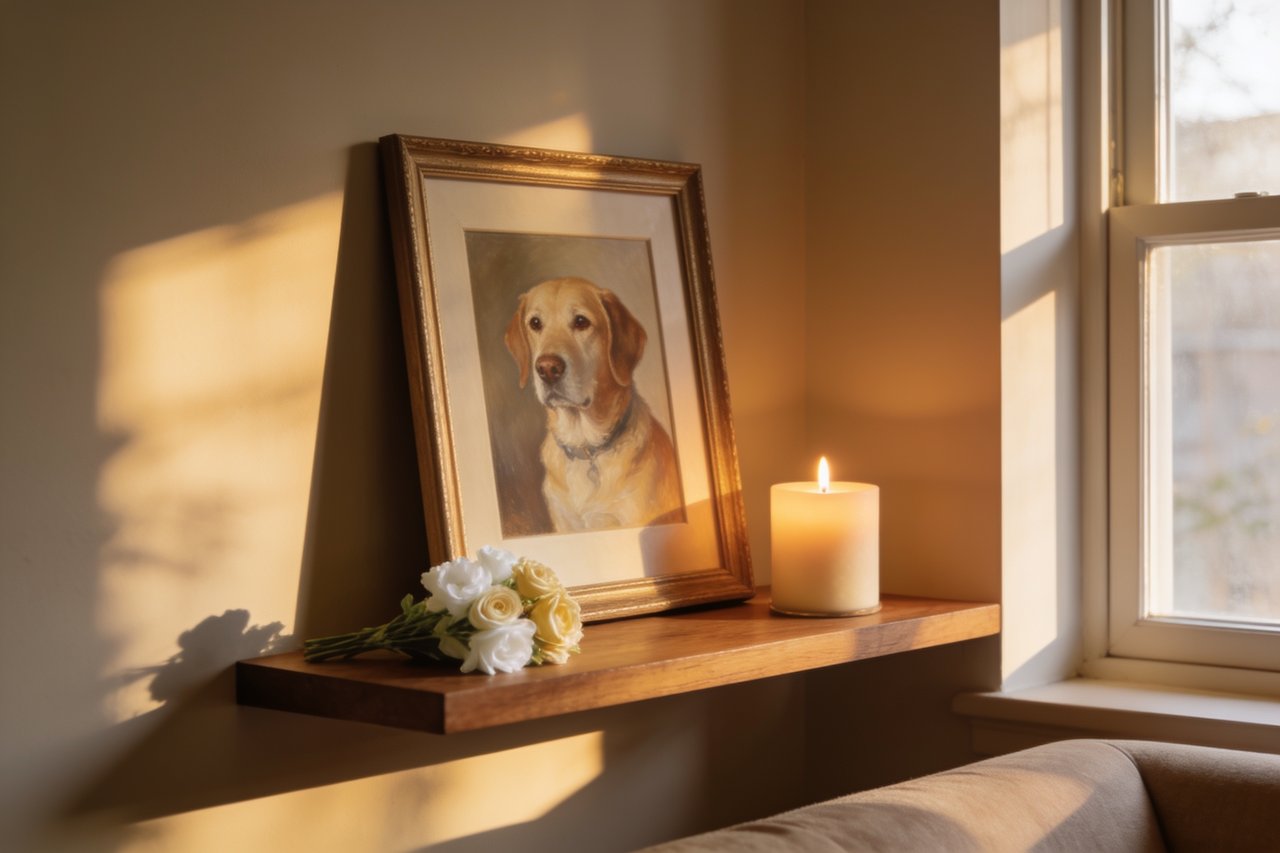 A framed memorial portrait of a dog on a sunlit shelf beside a candle and white flowers