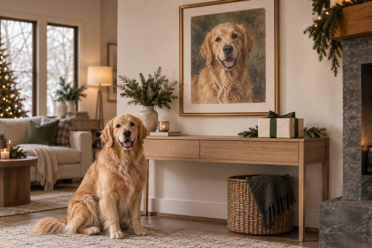 A golden retriever beside its framed portrait in a warm living room with a wrapped Christmas gift