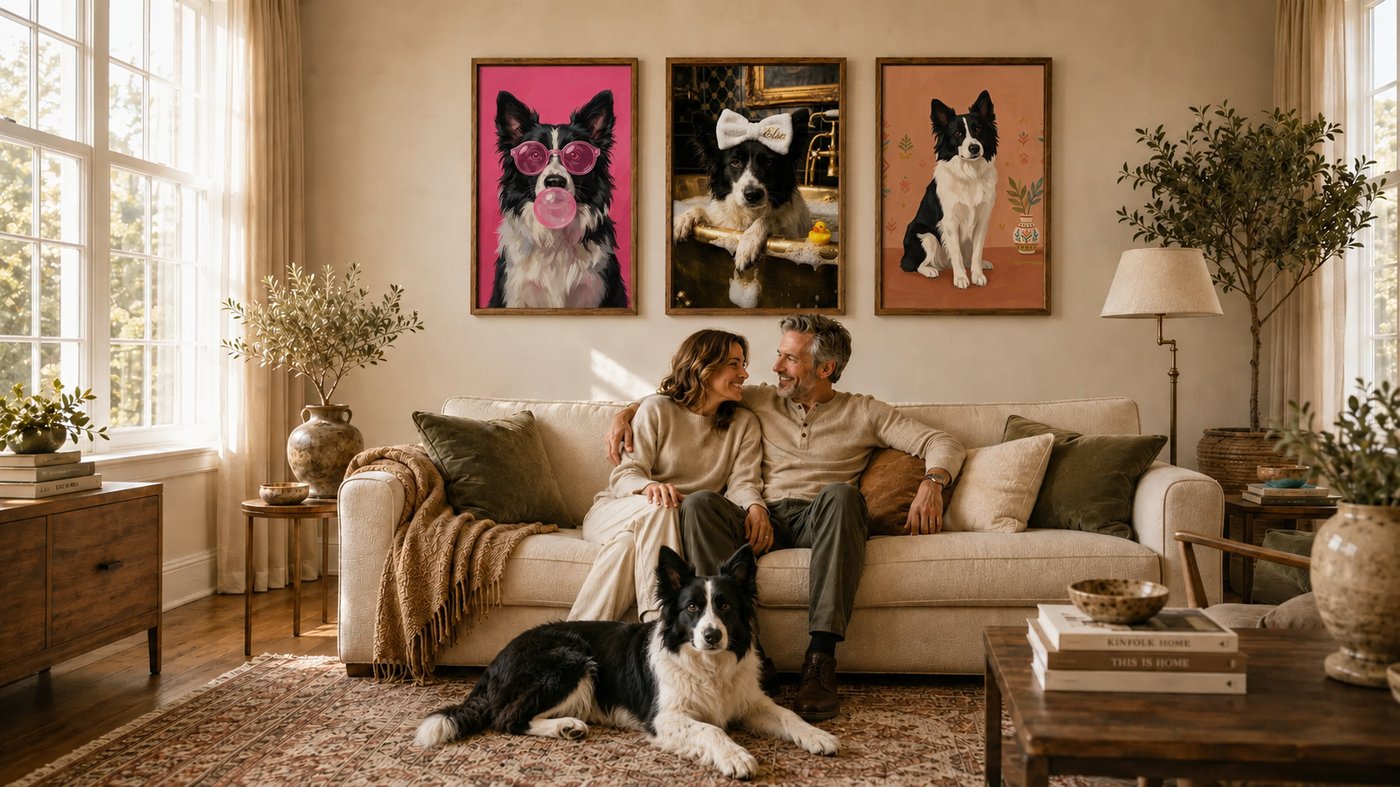 Personalized pet portrait on a printed wall poster. Yours, Theo wall art
