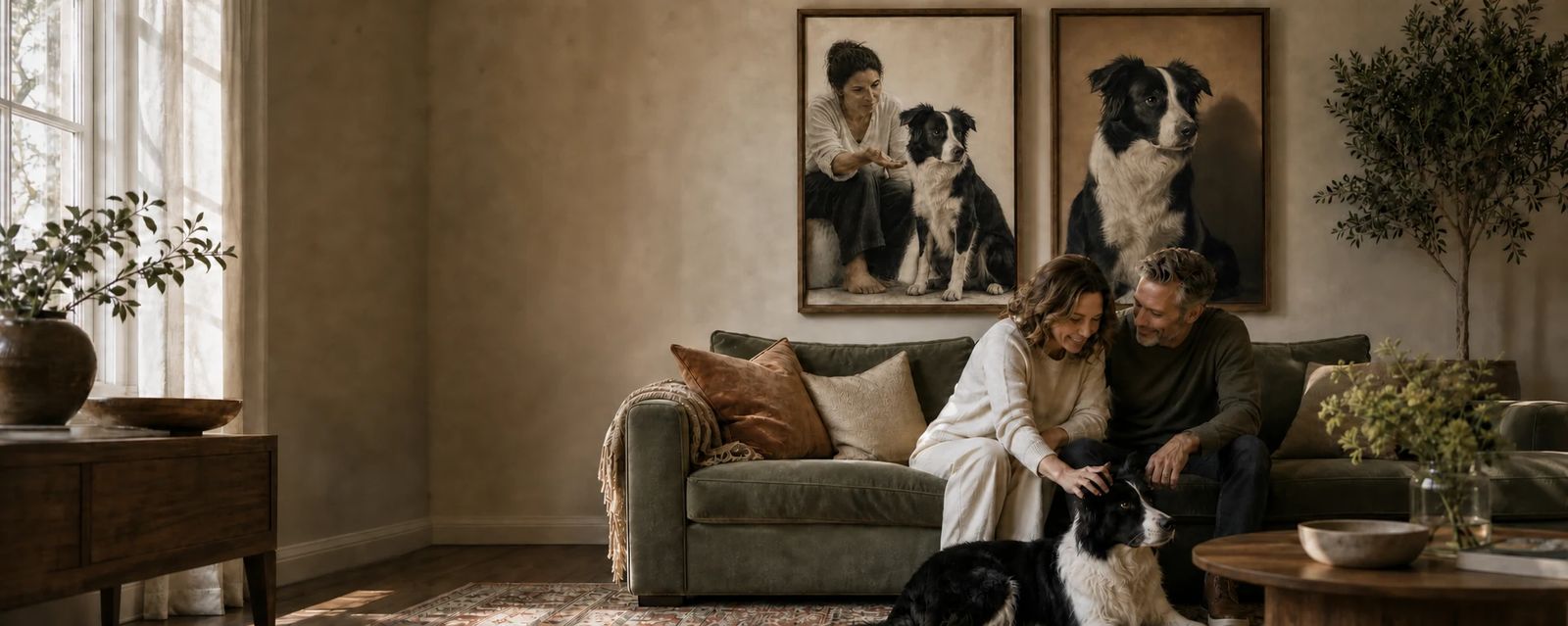 Personalized pet portrait printed and hung on a wall. Yours, Theo wall art