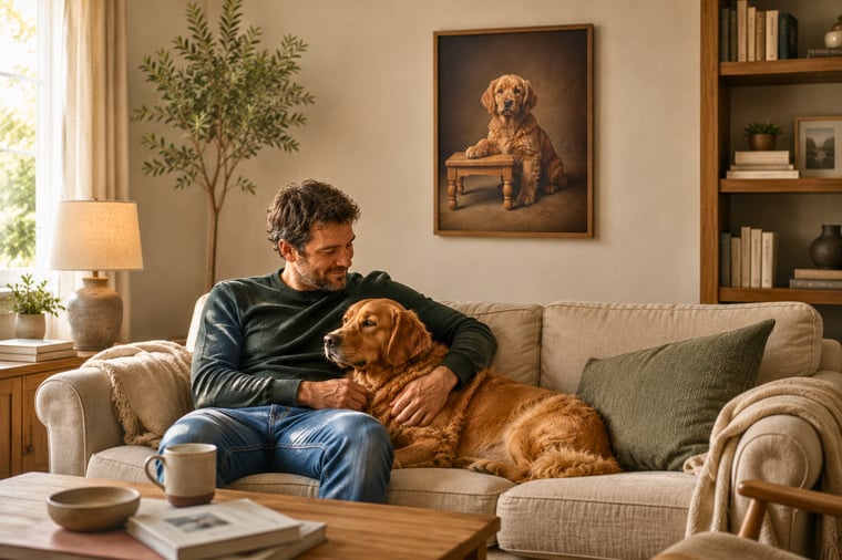 A dad relaxing on the couch with his golden retriever, a framed portrait of the dog hanging on the wall above them.