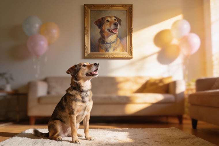 A happy rescue dog looking up at its own framed portrait, celebrating its Gotcha Day adoption anniversary