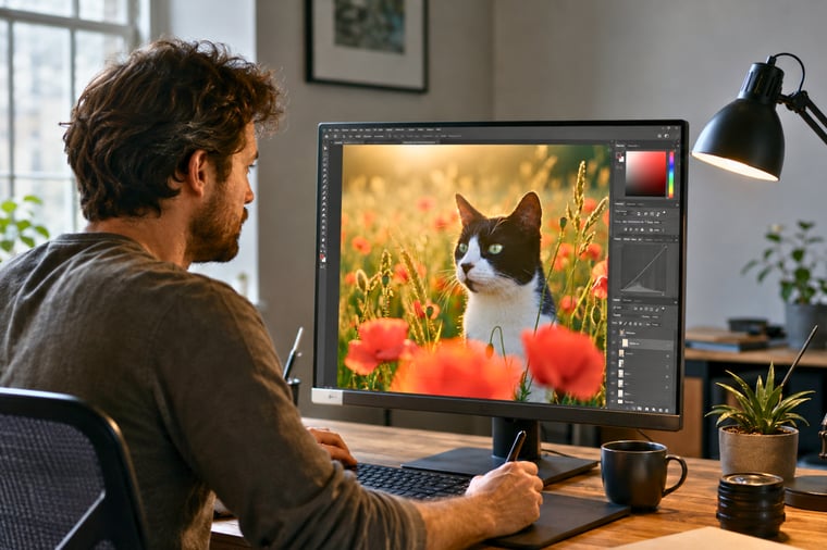 A designer at a computer reviewing a custom pet portrait before it goes to print