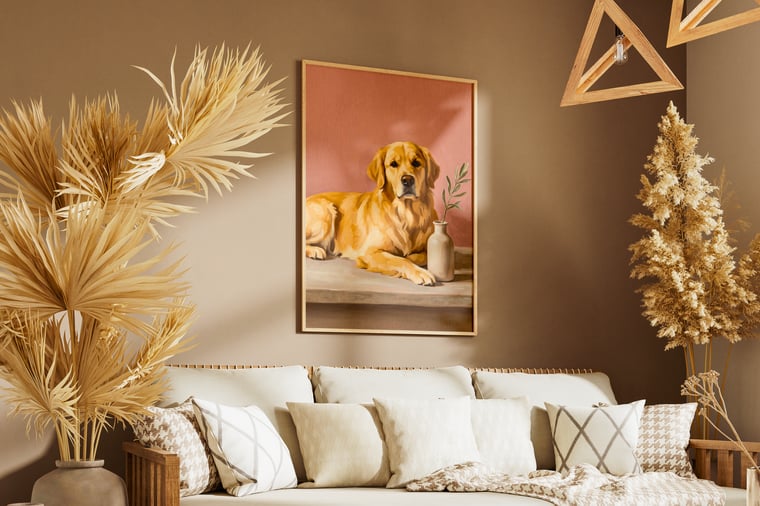 A custom pet portrait of a dog displayed on a wall, with a warm, premium look