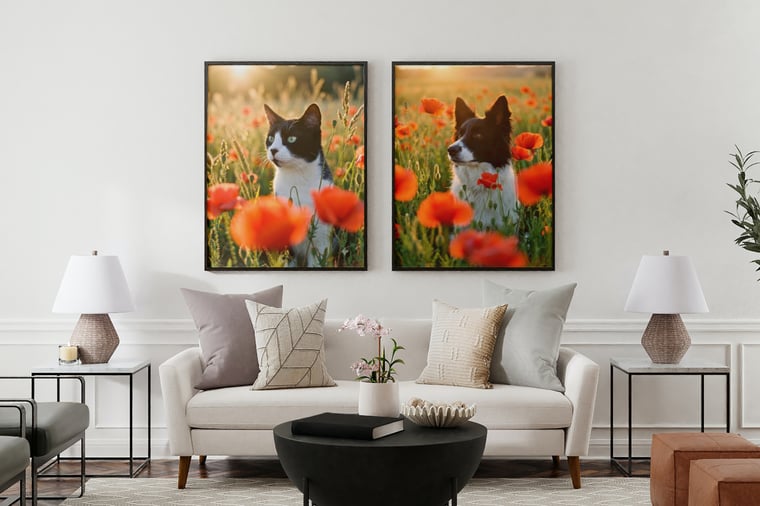 Two framed pet portraits, a cat and a dog, hung side by side above a cream sofa in a bright living room.