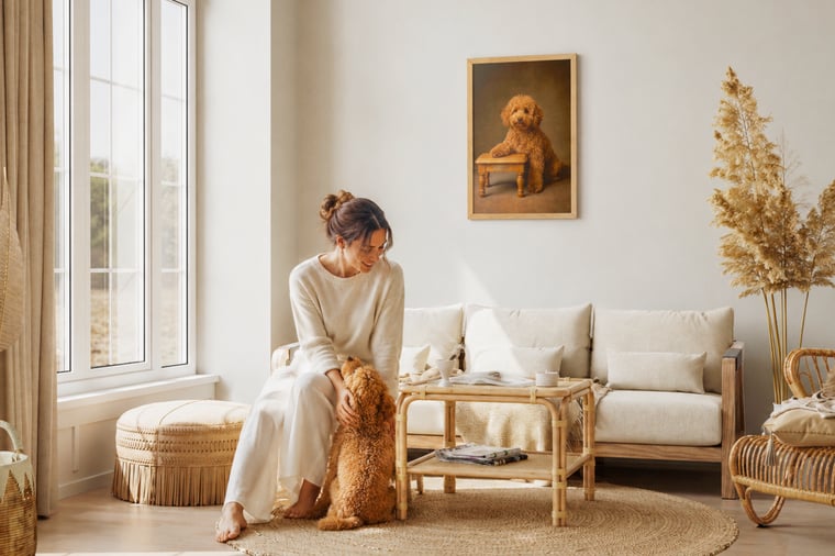 A framed oil-style portrait of an apricot poodle hangs above a sofa in a bright, neutral living room, with the same poodle sitting on a jute rug below.