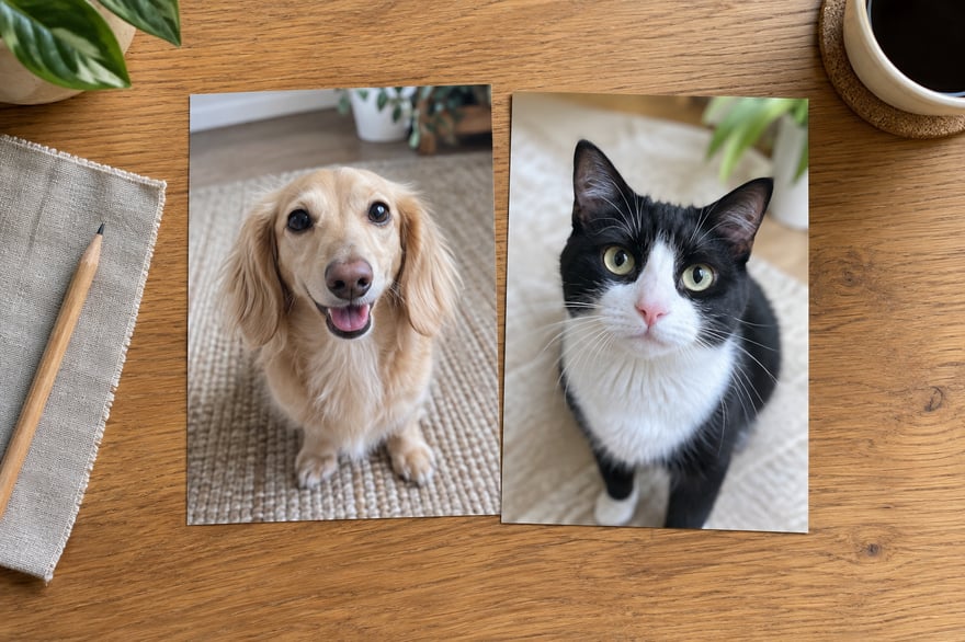 Two separate, clear source photos of a dachshund and a black-and-white cat on a wooden table
