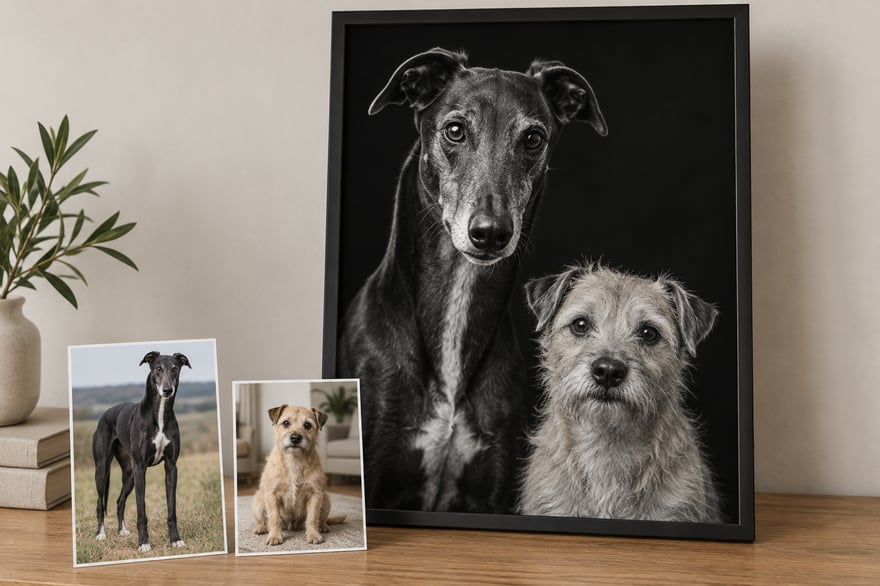 Two separate dog photos beside one vertical black-and-white portrait showing both dogs together