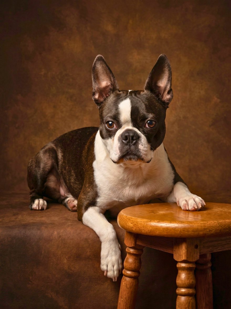 A Boston terrier in a warm, classic studio portrait, looking straight at the camera