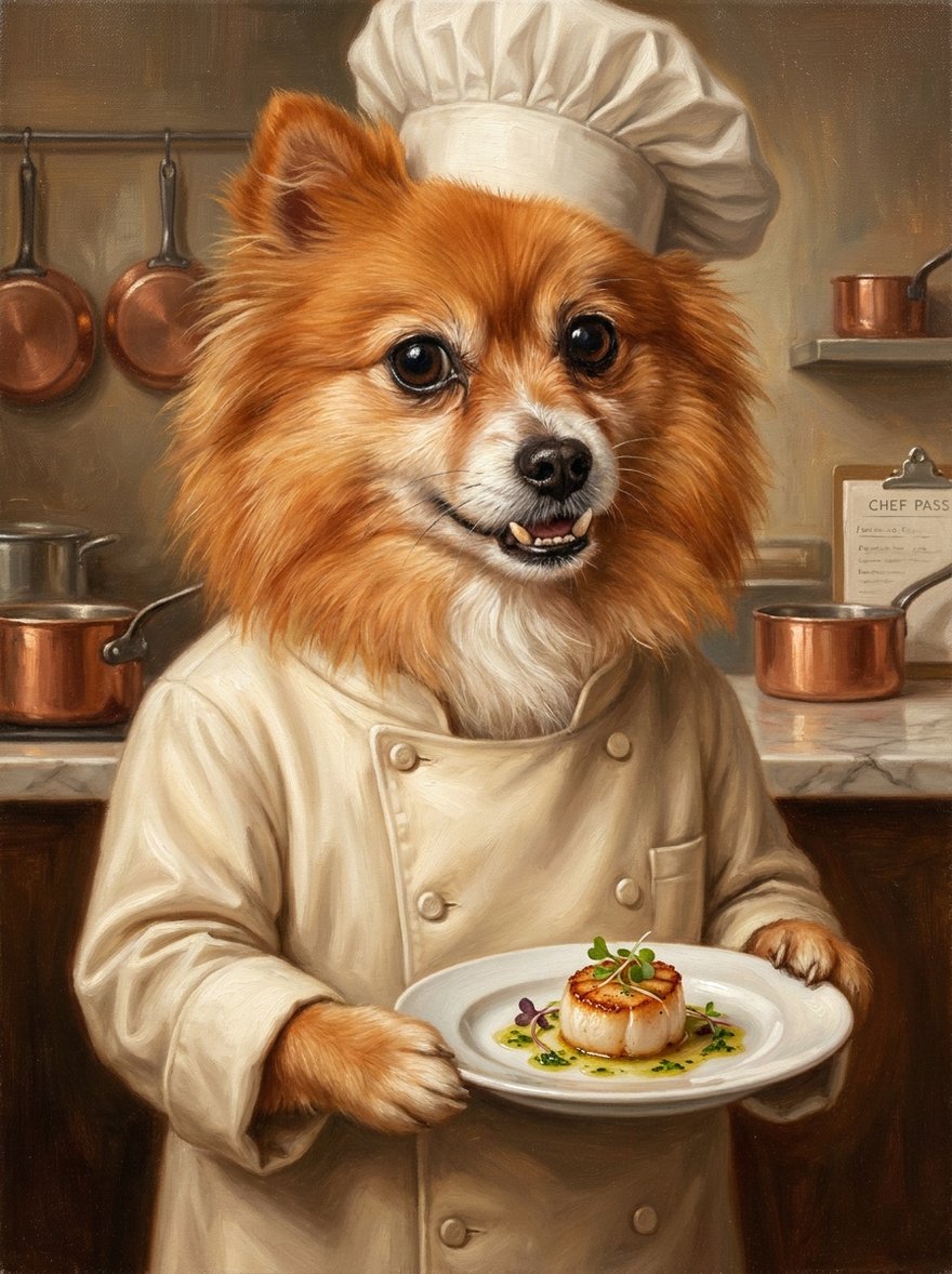 A dog dressed as a master chef in a playful scene