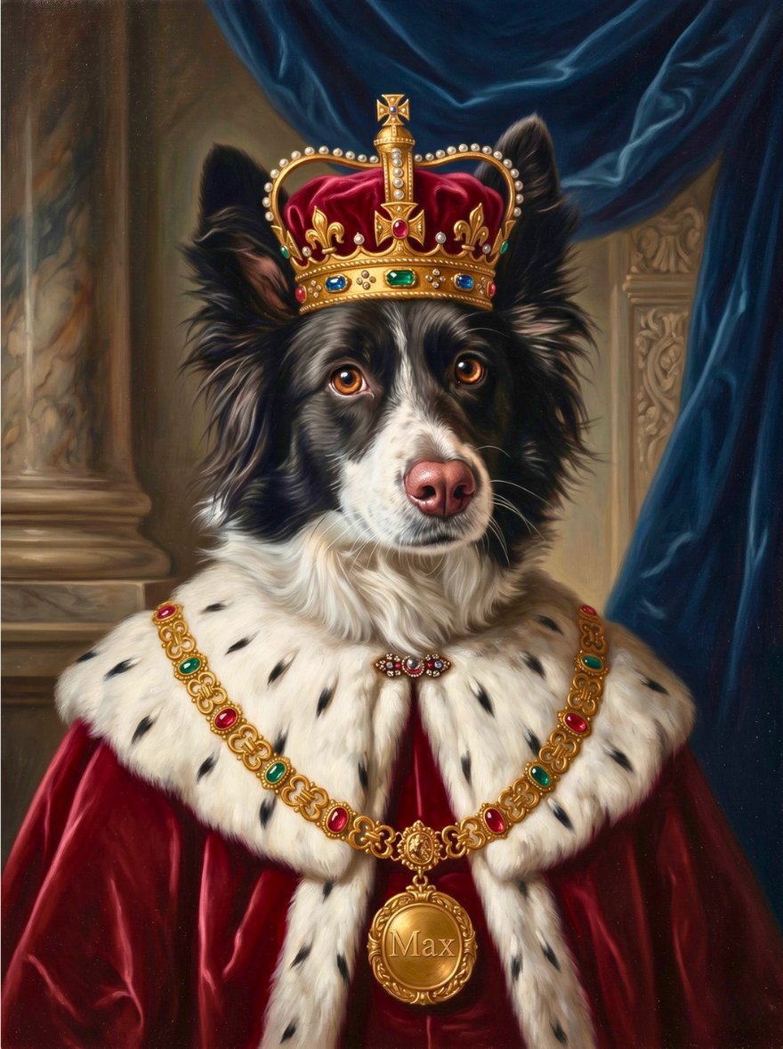 A dog in a regal, painterly royal-court portrait