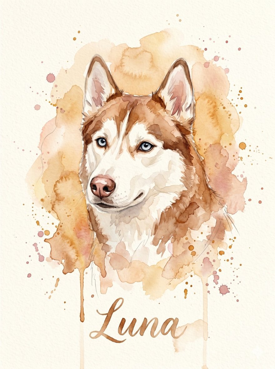 A soft watercolor pet portrait suited to a bedroom